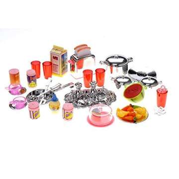 PowerTRC Doll Kitchen Play Set, Mini Modern Toy Pink Kitchen Pretend Play Furnitures Toy Set Accessories Set with Realistic Light & Sound for Kids Toddlers Girls (4-in-1)