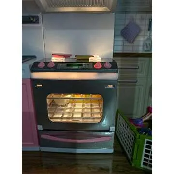 PowerTRC Doll Kitchen Play Set, Mini Modern Toy Pink Kitchen Pretend Play Furnitures Toy Set Accessories Set with Realistic Light & Sound for Kids Toddlers Girls (4-in-1)