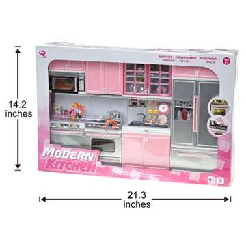 PowerTRC Doll Kitchen Play Set, Mini Modern Toy Pink Kitchen Pretend Play Furnitures Toy Set Accessories Set with Realistic Light & Sound for Kids Toddlers Girls (4-in-1)