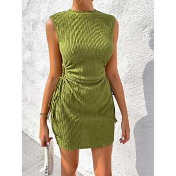GORGLITTER Women's Cut Out Drawstring Mini Dress Ruched Sleeveless Textured Tank Dresses Green Large