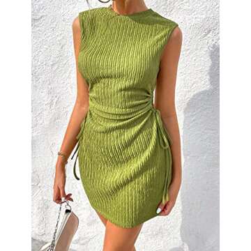 GORGLITTER Women's Cut Out Drawstring Mini Dress Ruched Sleeveless Textured Tank Dresses Green Large
