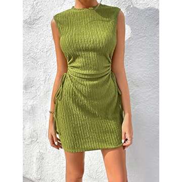 GORGLITTER Women's Cut Out Drawstring Mini Dress Ruched Sleeveless Textured Tank Dresses Green Large