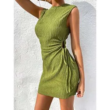 GORGLITTER Women's Cut Out Drawstring Mini Dress Ruched Sleeveless Textured Tank Dresses Green Large