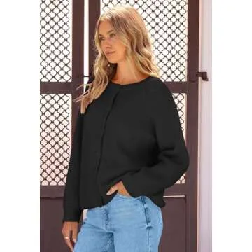 MEROKEETY Women's 2024 Long Sleeve Cardigan Sweater Crew Neck Button Ribbed Open Front Knit Outerwear, Black, S