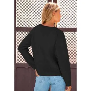 MEROKEETY Women's 2024 Long Sleeve Cardigan Sweater Crew Neck Button Ribbed Open Front Knit Outerwear, Black, S