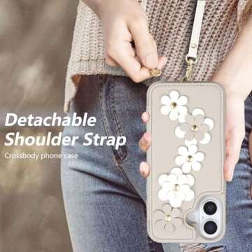 rongki for iPhone 16 Case, Wallet with Card Holder, Cute Flower Design Crossbody Phone Purse for Wom...