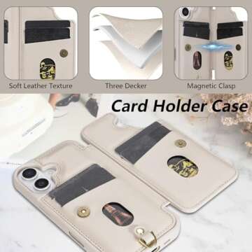 rongki for iPhone 16 Case, Wallet with Card Holder, Cute Flower Design Crossbody Phone Purse for Women, PU Leather Magnetic Kickstand Shockproof Cover with Wrist Strap Phone Case 6.1"(Beige)