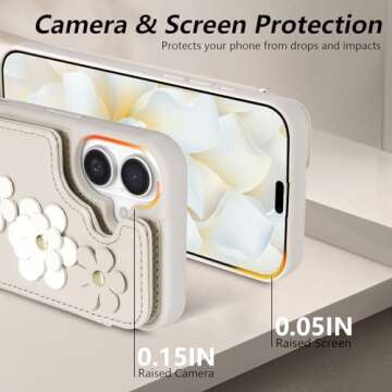 rongki for iPhone 16 Case, Wallet with Card Holder, Cute Flower Design Crossbody Phone Purse for Women, PU Leather Magnetic Kickstand Shockproof Cover with Wrist Strap Phone Case 6.1"(Beige)