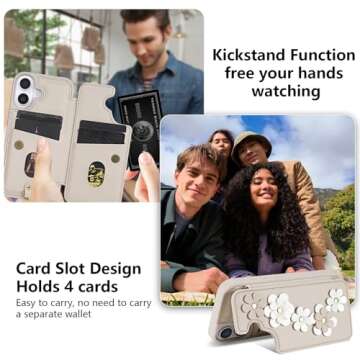 rongki for iPhone 16 Case, Wallet with Card Holder, Cute Flower Design Crossbody Phone Purse for Women, PU Leather Magnetic Kickstand Shockproof Cover with Wrist Strap Phone Case 6.1"(Beige)