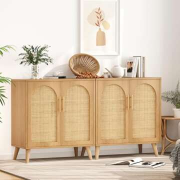 Rovaurx Set of 2 Rattan Storage Cabinet with Doors, Accent Bathroom Floor Cabinet, Modern Sideboard Buffet Cabinet for Living Room, Entryway, Dining Room and Kitchen, Natural BMGZ108M02