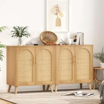 Rovaurx Set of 2 Rattan Storage Cabinet with Doors, Accent Bathroom Floor Cabinet, Modern Sideboard Buffet Cabinet for Living Room, Entryway, Dining Room and Kitchen, Natural BMGZ108M02