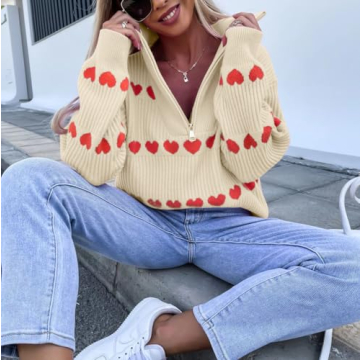 LUKYCILD Love Heart Sweater Quarter Zip Sweater Women V Neck Valentines Pullover Sweatshirt Ribbed Knitted Loose Slouchy Tops Apricot