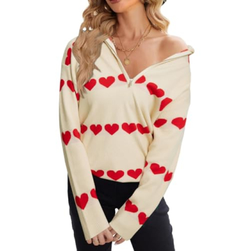 LUKYCILD Love Heart Sweater Quarter Zip Sweater Women V Neck Valentines Pullover Sweatshirt Ribbed Knitted Loose Slouchy Tops Apricot