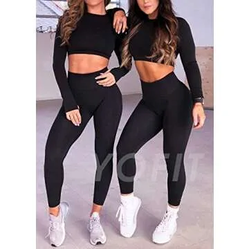 YOFIT Women's Workout Outfit 2 Pieces Seamless Yoga Leggings with Athletic Long Sleeve Shirt Gym Clothes Set Black