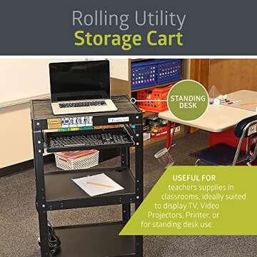 Pearington AV Presentation Cart Stand for Video Projector, TV, Laptop Computers, Printers, Metal Construction Rolling Storage Cart with Adjustable Shelves, 4 Wheels, 4 Outlets, 12ft Cord, Black
