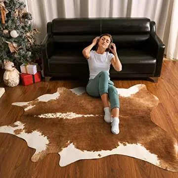 BENRON Large Cowhide Rug Accent Western Rug Stylish Cow Rug 5.3x6.2ft Rugs for Living Room Bedroom Area Rug Cute Animal Rug Premium Cow Print Rug Man Cave Faux Leather Carpets, Khaki Brown
