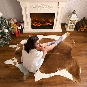 BENRON Large Cowhide Rug Accent Western Rug Stylish Cow Rug 5.3x6.2ft Rugs for Living Room Bedroom Area Rug Cute Animal Rug Premium Cow Print Rug Man Cave Faux Leather Carpets, Khaki Brown