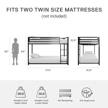 DHP Miles Low Metal Bunk Bed for Kids with Ladder and Guardrails