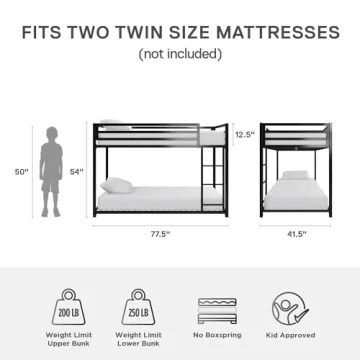 DHP Miles Low Metal Bunk Bed for Kids with Ladder and Guardrails