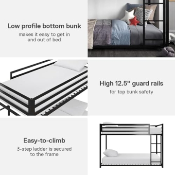 DHP Miles Low Metal Bunk Bed for Kids with Ladder and Guardrails