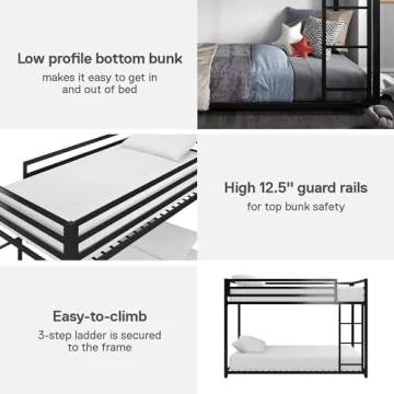 DHP Miles Low Metal Bunk Bed for Kids with Ladder and Guardrails
