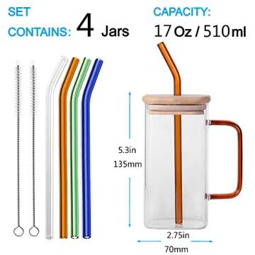 SAIOOL Glass Cups Set 4 Pack - 17oz Wide Mouth Mason Jar Drinking Glasses with Bamboo Lids & Straws and Square Color Handle Cup,Beer, Iced Coffee, Ideal for Cocktail, Whiskey, Gift