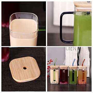 SAIOOL Glass Cups Set 4 Pack - 17oz Wide Mouth Mason Jar Drinking Glasses with Bamboo Lids & Straws and Square Color Handle Cup,Beer, Iced Coffee, Ideal for Cocktail, Whiskey, Gift