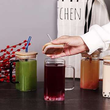 SAIOOL Glass Cups Set 4 Pack - 17oz Wide Mouth Mason Jar Drinking Glasses with Bamboo Lids & Straws and Square Color Handle Cup,Beer, Iced Coffee, Ideal for Cocktail, Whiskey, Gift