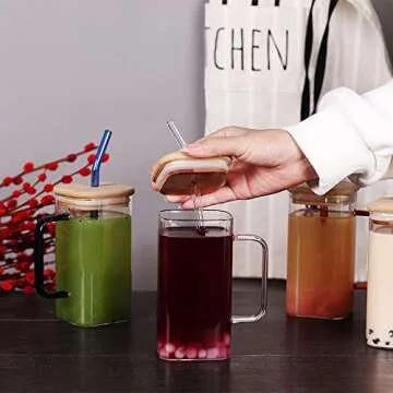 SAIOOL Glass Cups Set 4 Pack - 17oz Wide Mouth Mason Jar Drinking Glasses with Bamboo Lids & Straws and Square Color Handle Cup,Beer, Iced Coffee, Ideal for Cocktail, Whiskey, Gift