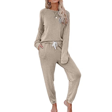 Saeklia Cozy 2 Piece Outfits Lounge Sets for Womens Loungewear Long Sleeve Tops and Joggers Sweatpants Sweats Track Suits Sets - Khaki L