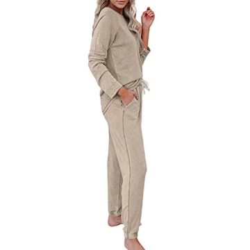 Saeklia Cozy 2 Piece Outfits Lounge Sets for Womens Loungewear Long Sleeve Tops and Joggers Sweatpants Sweats Track Suits Sets - Khaki L