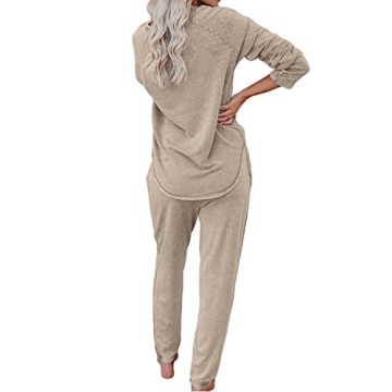 Saeklia Cozy 2 Piece Outfits Lounge Sets for Womens Loungewear Long Sleeve Tops and Joggers Sweatpants Sweats Track Suits Sets - Khaki L