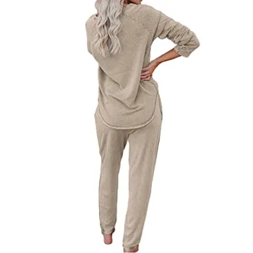 Saeklia Cozy 2 Piece Outfits Lounge Sets for Womens Loungewear Long Sleeve Tops and Joggers Sweatpants Sweats Track Suits Sets - Khaki L