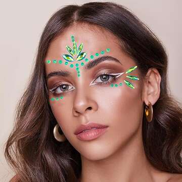 Mermaid Face Gems Stick Jewels for Women Cosplay Mermaid Alien Halloween Rave Party Makeup for Kids Green Hair Eye Body Gems Jewels Stickers Temporary Tattoos Festival Decor (Green)