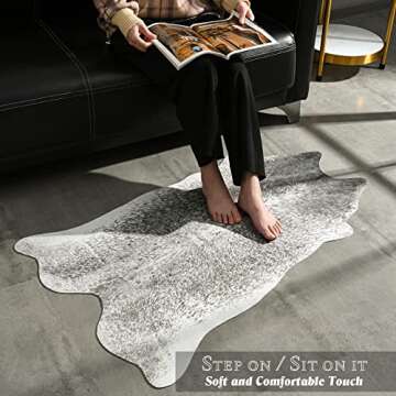 Rtizon Faux Cowhide Rug for Living Room, 2.3 x 3.6 Feet Grey, Cow Print Skins Rug for Bedroom, Premium Faux Fur Animal Cow Hide Rugs Carpet for Western Decor