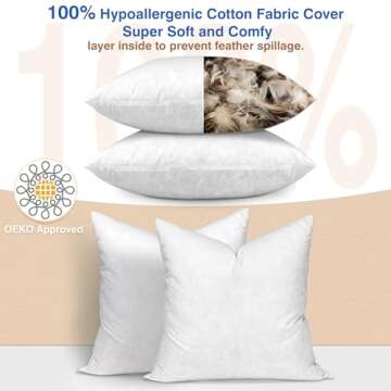 zibroges 20x20 Euro Pillow Inserts Set of 2 - Down Feather Throw Pillows Cushions for Couch, Bed, and Home Decor, Cotton Cover European Pillows Firm and Support, White
