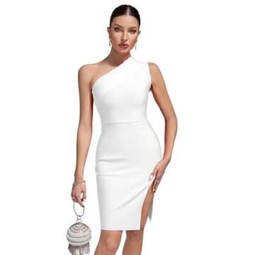 Maketina Womens Summer One Shoulder Bandage Dress Bodycon Side Slit Cocktail Midi Dresses 2024 White S