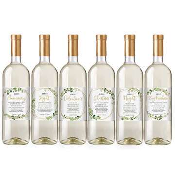 Printed Party Marriage Milestones, Greenery Wedding Firsts, 6 Wine Bottle Labels