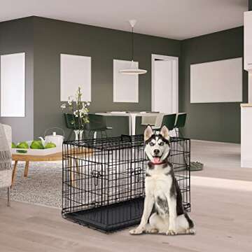 FDW Dog Crate for Large Dogs 42 Inch Folding Metal Wire Pet Cage with Double Doors and Divider Panel