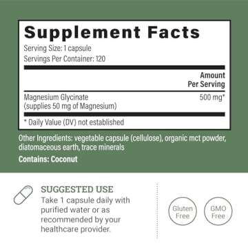 Pure Magnesium Glycinate 500mg - Chelated Magnesium Supplement, High Absorption Capsules for Sleep, Glicinato De Magnesio with Organic MCT Powder (120 Capsules)