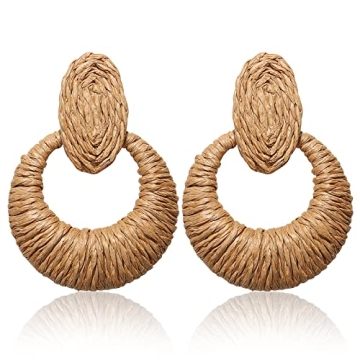 Rattan Earrings Boho Statement Raffia Earrings Handmade Straw Woven Wicker Drop Earring for Women Su...