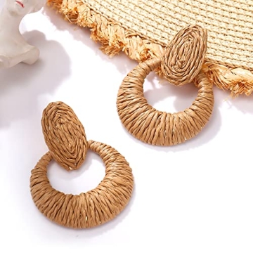 Rattan Earrings Boho Statement Raffia Earrings Handmade Straw Woven Wicker Drop Earring for Women Summer Beach Jewelry Gifts (brown round)