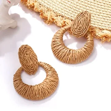 Rattan Earrings Boho Statement Raffia Earrings Handmade Straw Woven Wicker Drop Earring for Women Summer Beach Jewelry Gifts (brown round)