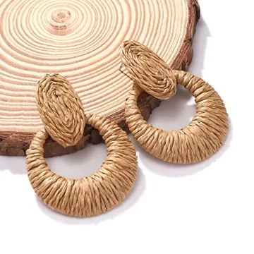 Rattan Earrings Boho Statement Raffia Earrings Handmade Straw Woven Wicker Drop Earring for Women Summer Beach Jewelry Gifts (brown round)