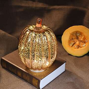 Romingo Mercury Glass Pumpkin Light with Timer for Halloween Pumpkin Decorations Fall and Thanksgiving Decor, Rose Gold, 7.5 inches