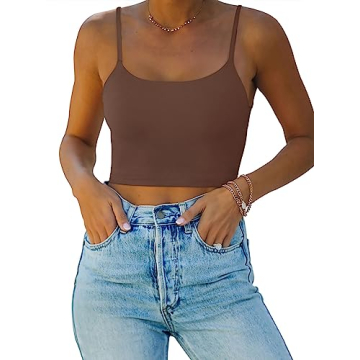 REORIA Women's Summer Cami Tank Top - Coffee Small with Adjustable Spaghetti Strap & Fitted Seamless...
