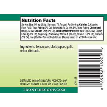 Frontier Seasoning Blends, Salt-Free Lemon Pepper, 2.08-Ounce Bottle