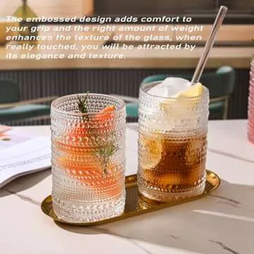 KMIGRUAN Hobnail Drinking Glasses with Straws 15oz Vintage Glassware Set of 6 Embossed Vintage Water Cups, Highball Glasses for Cocktail,Whiskey,Beer and Juic