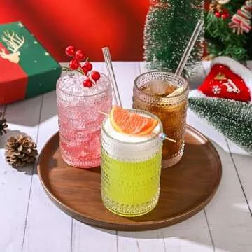 KMIGRUAN Hobnail Drinking Glasses with Straws 15oz Vintage Glassware Set of 6 Embossed Vintage Water Cups, Highball Glasses for Cocktail,Whiskey,Beer and Juic