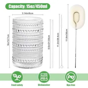 KMIGRUAN Hobnail Drinking Glasses with Straws 15oz Vintage Glassware Set of 6 Embossed Vintage Water Cups, Highball Glasses for Cocktail,Whiskey,Beer and Juic